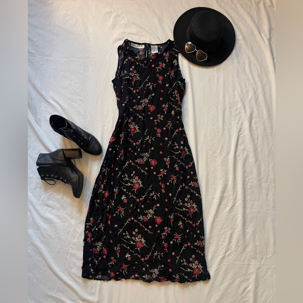 Vintage 90s Black Floral Midi Dress
